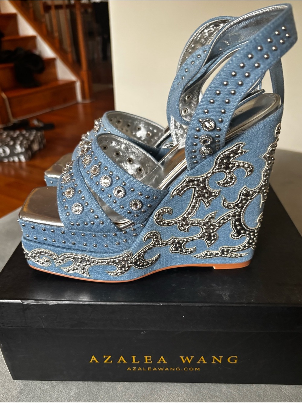 Azalea Wang Denim Blue Embellished Wedge Sandals